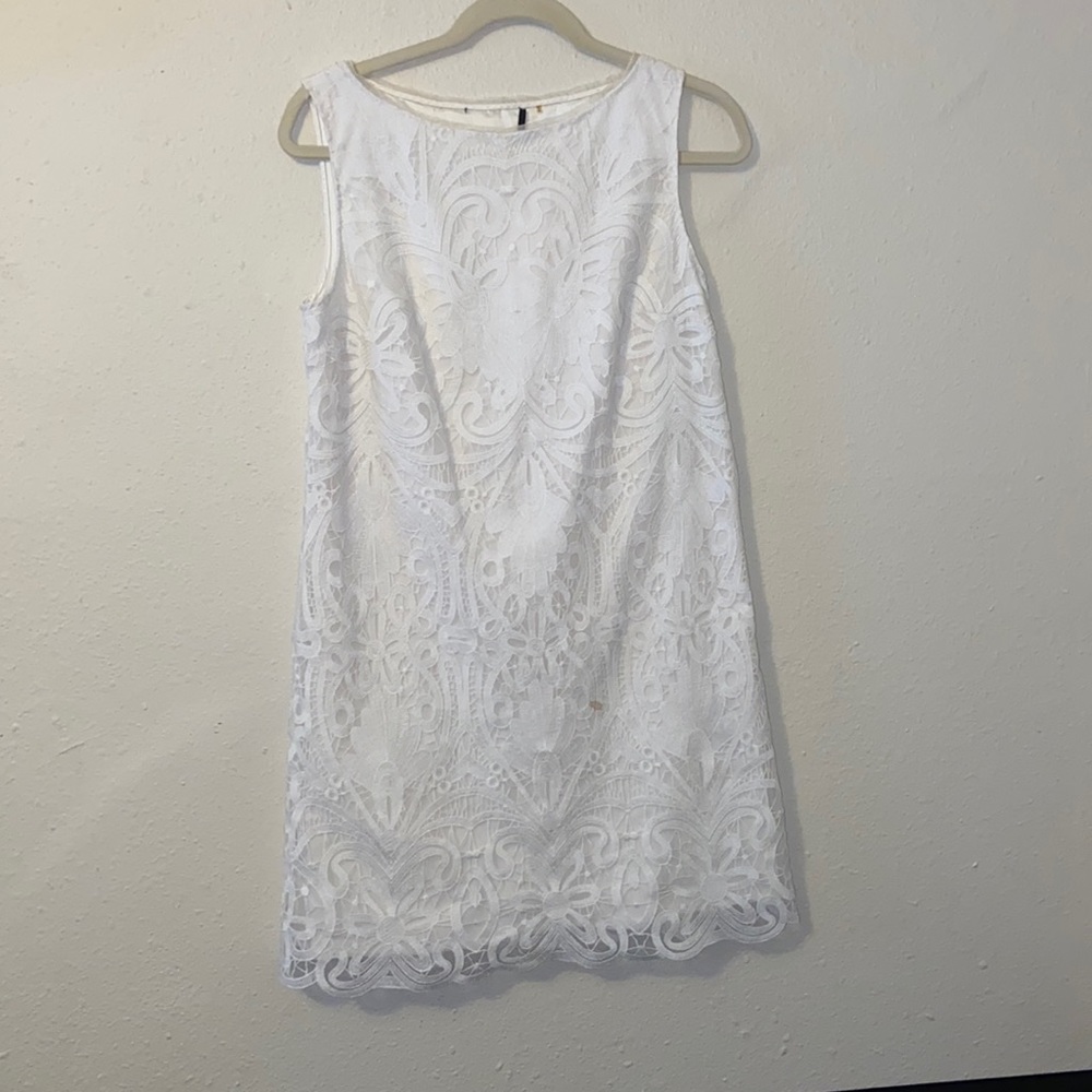 Elie Tahari Womens White Lace Satin Lined Short Sleeve Shift Midi Dress 6